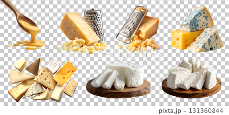 Set of cheese, coagulated dairy milk slices pieces halved, grater, melting, serve board. Swiss, mozzarella, paneer, blue, Parmesan, transparent 131360844