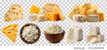 Collection of cheese, dairy coagulated milk, sliced pieces halved, on bowl, Swiss, Alpine, cottage, paneer, blue, Parmesan, transparent cutout PNG. Many different flavour texture form. Mockup 131360845