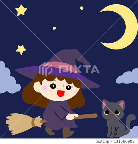 ハロウィンフレーム:魔女と黒猫が空を飛ぶ ハロウィンフレーム:魔女と黒猫が空を飛ぶ 131360908