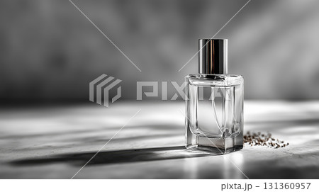 Elegant clear perfume bottle on smooth background 131360957