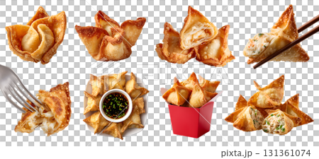 Set of Crispy fried wontons dumpling, Crab Rangoon puffs, stack pile, fork, takeaway bucket, dip sauce, broken bitten pieces on transparent cutout PNG. Mockup 131361074
