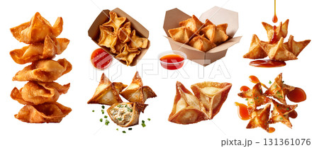 Set of fried Crispy wontons dumpling, Crab Rangoon puffs, takeaway carton box, chili dip sauce, stack pile broken bitten pieces on transparent cutout PNG. Mockup for design 131361076