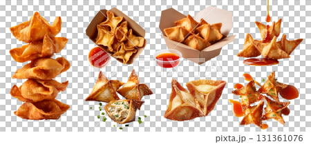 Set of fried Crispy wontons dumpling, Crab Rangoon puffs, takeaway carton box, chili dip sauce, stack pile broken bitten pieces on transparent cutout PNG. Mockup for design 131361076