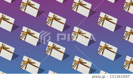 A pattern of gift cards with orange ribbons on a gradient background of pink and blue. Ideal for e-commerce promotions and Cyber Monday sales. A pattern of gift cards with orange ribbons on a gradient background of pink and blue. Ideal for e-commerce promotions and Cyber Monday sales. 131361097