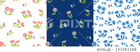 Colorful daisy seamless pattern set. Pastel, dark, and monochrome. Colorful daisy seamless pattern set. Pastel, dark, and monochrome. 131361168