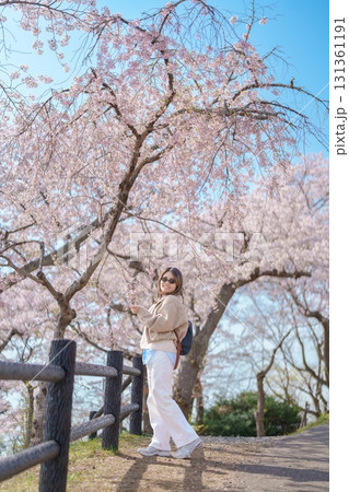 Woman tourist sightseeing Sakura Cherry Blossom in Spring. Happy traveler travel at Saigyo Modoshi no Matsu over Matsushima Bay in Matsushima, Miyagi Prefecture, Japan. Famous Landmark and Vacation Woman tourist sightseeing Sakura Cherry Blossom in Spring. Happy traveler travel at Saigyo Modoshi no Matsu over Matsushima Bay in Matsushima, Miyagi Prefecture, Japan. Famous Landmark and Vacation 131361191
