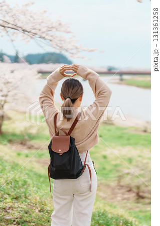Woman tourist sightseeing Sakura Cherry Blossom in Spring. Happy traveler travel near Hinokinai River riverbank in Kakunodate town, Semboku District, Akita Prefecture, Japan. Landmark and Vacation 131361258