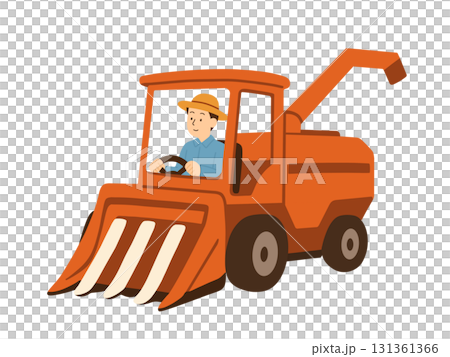 Illustration of a man driving a rice harvesting tractor 131361366