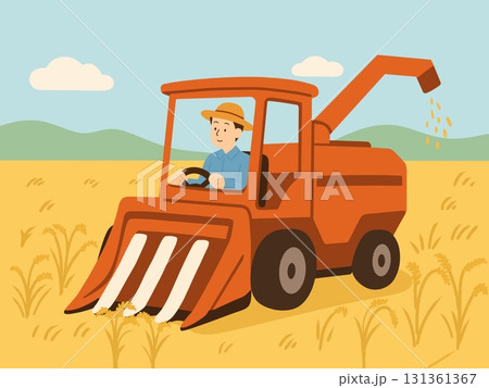 稲刈りトラクターを運転する男性のイラスト 稲刈りトラクターを運転する男性のイラスト 131361367
