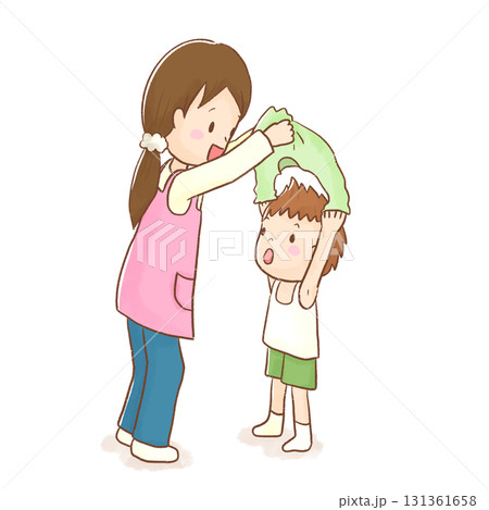 保育士が子どもの着替えを手伝うイラスト(単体素材・透過背景対応・白バック)/コピースペースあり 保育士が子どもの着替えを手伝うイラスト(単体素材・透過背景対応・白バック)/コピースペースあり 131361658