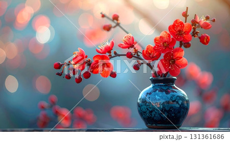 A red cherry blossom in a vase 131361686