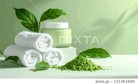 Matcha Skincare Cream with Towel and Matcha Powder Matcha Skincare Cream with Towel and Matcha Powder 131361689