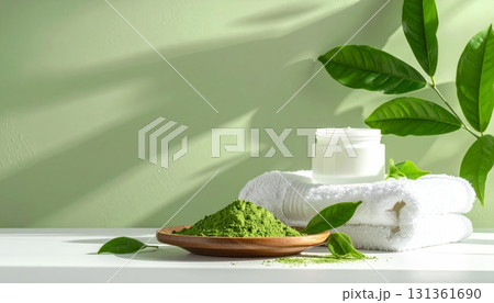 Matcha Skincare Cream with Towel and Matcha Powder Matcha Skincare Cream with Towel and Matcha Powder 131361690