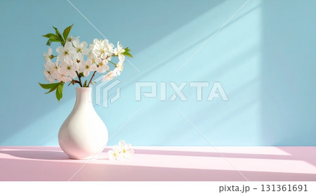 A beautiful spring bouquet of white flowers in a glass vase is a perfect still life decoration A beautiful spring bouquet of white flowers in a glass vase is a perfect still life decoration 131361691