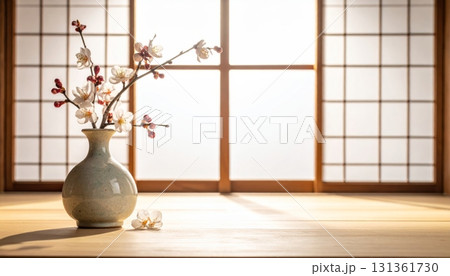 White Japanese vase with flowers on a wooden table in a traditional room with a paper screen and natural light 131361730