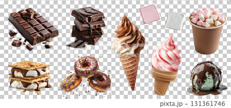 Collection of dessert candy candies treats sweets, Soft serve ice cream Yoghurt, chocolate, donut doughnut, S'more, Marshmallow cocoa, isolated on transparent cutout PNG. Many different 131361746