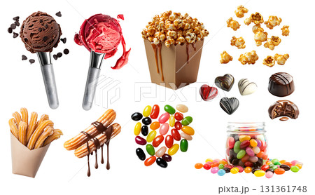 Collection of candy candies treats sweets dessert, praline chocolate, ice cream gelato ball, caramel popcorn, jellybean Jelly bean, churro, isolated transparent cutout PNG. Many different 131361748