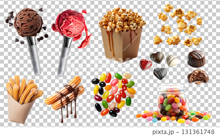 Collection of candy candies treats sweets dessert, praline chocolate, ice cream gelato ball, caramel popcorn, jellybean Jelly bean, churro, isolated transparent cutout PNG. Many different 131361748