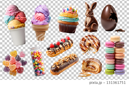 Collection of dessert candy candies treats sweets, easter chocolate, ice cream yoghurt, macaroon, eclairs, cinnamon Roll, cupcake muffin, gummy jelly, on transparent cutout PNG. Many different variety 131361751