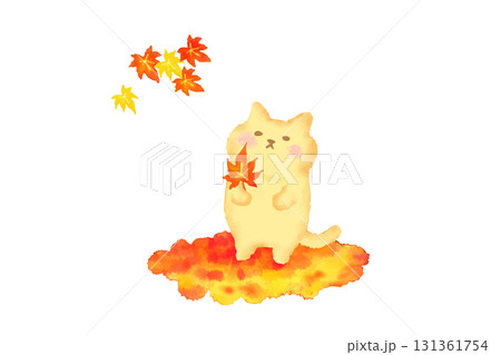秋・紅葉を持って秋を楽しむかわいい猫 水彩イラスト素材 秋・紅葉を持って秋を楽しむかわいい猫 水彩イラスト素材 131361754