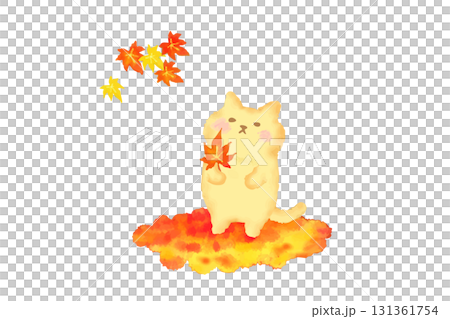 秋・紅葉を持って秋を楽しむかわいい猫 水彩イラスト素材 秋・紅葉を持って秋を楽しむかわいい猫 水彩イラスト素材 131361754