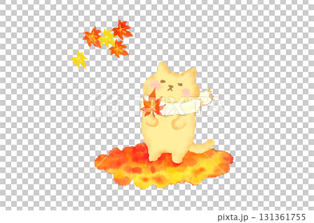 秋・紅葉を持って秋を楽しむかわいい猫 水彩イラスト素材 秋・紅葉を持って秋を楽しむかわいい猫 水彩イラスト素材 131361755
