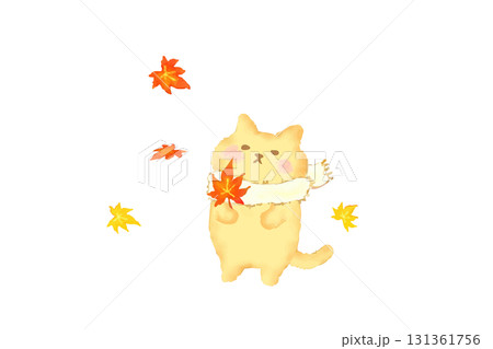 秋・紅葉を持って秋を楽しむかわいい猫　水彩イラスト素材 131361756