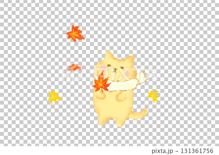秋・紅葉を持って秋を楽しむかわいい猫　水彩イラスト素材 131361756