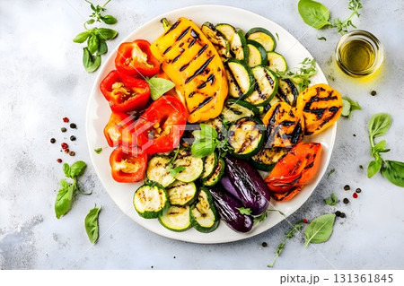 flat lay plate of grilled colorful vegetables flat lay plate of grilled colorful vegetables 131361845