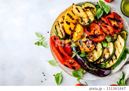flat lay plate of grilled colorful vegetables flat lay plate of grilled colorful vegetables 131361847