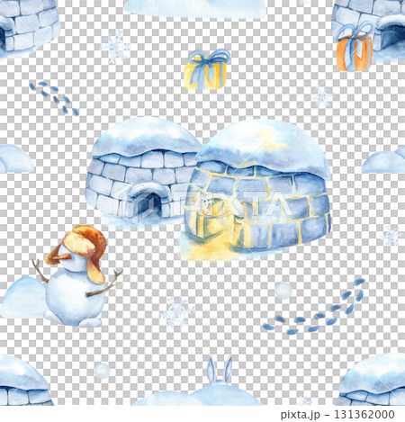 Christmas Inuit seamless pattern, igloo, snowman, holiday winter landscape isolated from background. Watercolor children illustration, New year scenery, snowflake, xmas, footprint, snowdrift 131362000