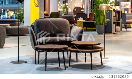 Gray chair is sitting in front of a table with three other chairs Gray chair is sitting in front of a table with three other chairs 131362086