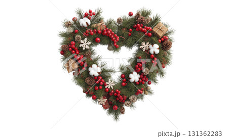Heart wreath with red berries and pinecones, created AI, PNG 131362283
