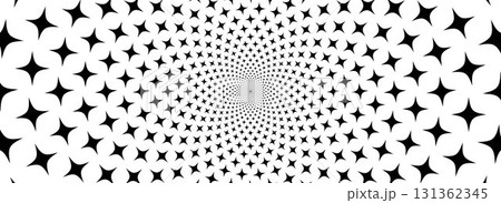 Stars optical illusion background. Black and white hypnotic rotating sparkles surface. Spinning spiral sparks poster design. Abstract trippy illusion wallpaper for banner, template design. Vector Stars optical illusion background. Black and white hypnotic rotating sparkles surface. Spinning spiral sparks poster design. Abstract trippy illusion wallpaper for banner, template design. Vector 131362345