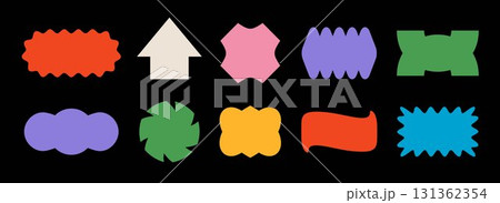 Bright colorful abstract sticker shape set. Groovy geometric frame pack for badge, tag, label, banner, poster, sign, flyer, logo. Retro pop art border element collection. Vector various patch bundle Bright colorful abstract sticker shape set. Groovy geometric frame pack for badge, tag, label, banner, poster, sign, flyer, logo. Retro pop art border element collection. Vector various patch bundle 131362354