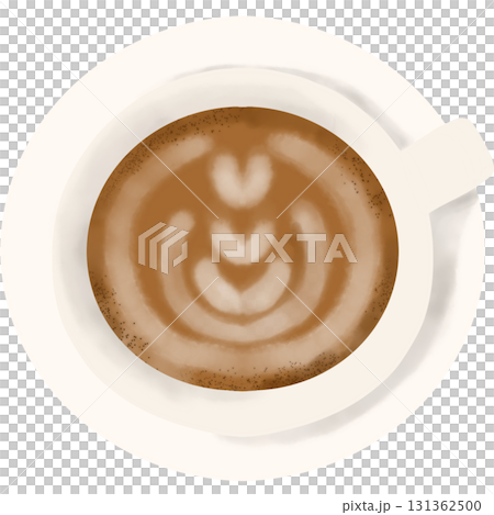 Top view illustration of a coffee cup with beautiful latte art design. A cozy and warm beverage illustration perfect for cafe coffee shop, or breakfast themed designs. 131362500