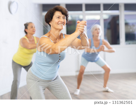 Group of elderly woman dancing in fitness studio Group of elderly woman dancing in fitness studio 131362501