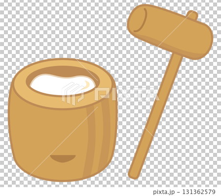 Illustration of pounding rice cakes with a mortar and pestle 131362579