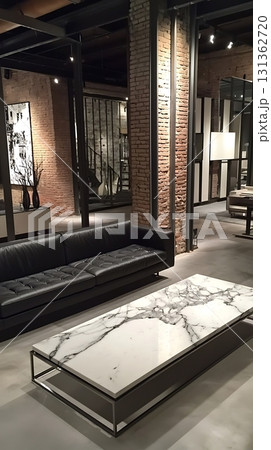 Living room with a black couch and a white marble coffee table 131362720