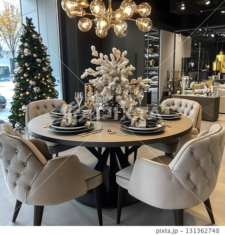 Large dining table with four chairs and a Christmas tree in the background Large dining table with four chairs and a Christmas tree in the background 131362748