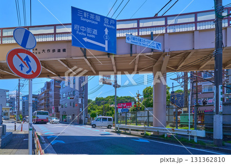 神奈川県川崎市多摩区西生田の読売ランド前駅の大作歩道橋から登戸方面(読売ランド駅入口など)を見る 131362810