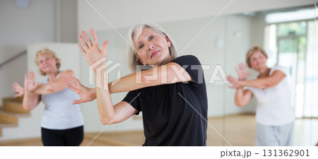 Portrait of an elderly dancing woman practicing vigorous swing Portrait of an elderly dancing woman practicing vigorous swing 131362901