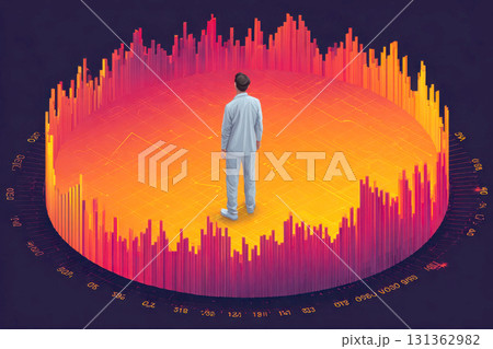Man standing inside colorful 3D data visualization chart with Man standing inside colorful 3D data visualization chart with 131362982