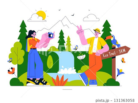 Eco Tourism Travel Destination Illustration Featuring Nature Tourism for Environmental Conservation, Local Culture, and Community Empowerment 131363058