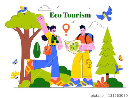 Eco Tourism Travel Destination Illustration Featuring Nature Tourism for Environmental Conservation, Local Culture, and Community Empowerment 131363059
