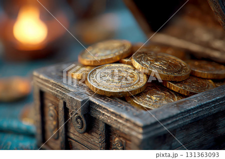 Golden coins stacked inside old wooden treasure chest glowing 131363093