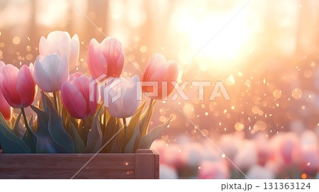 Beautiful Tulips in a Wooden Box with Soft Sunrise Background and Sparkling Bokeh Effects 131363124