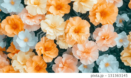 Colorful Floral Background with Soft Orange and White Blooming Flowers in Abundance 131363145