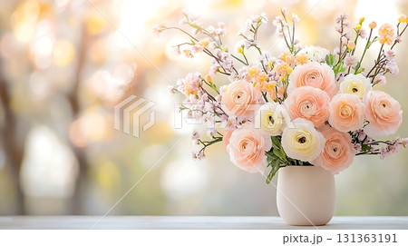 Beautiful Arrangement of Pink and White Roses with Spring Blossoms in Soft Focus Background 131363191