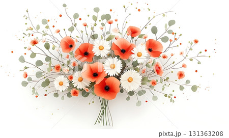 Vibrant Floral Arrangement with Poppies and Daisies on a Pure White Background 131363208